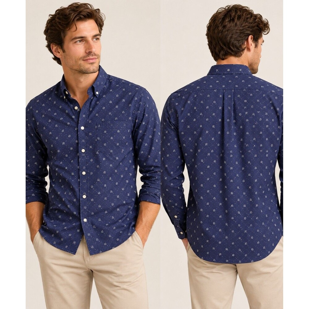 NWT J. Crew Secret Wash Shirt Size M Slim Stretch Little Branch Navy AG410